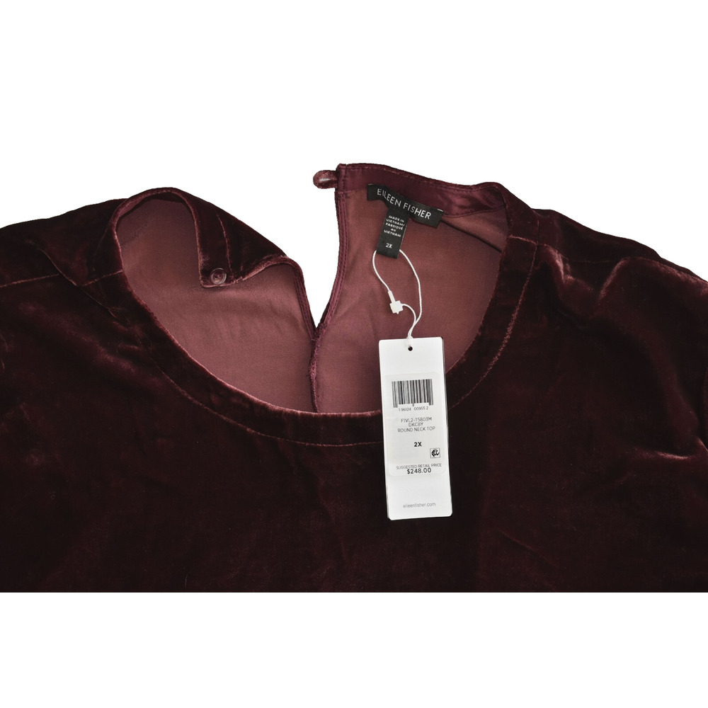 B0 NWT EILEEN FISHER Dark Burgundy Velvet Long Sleeve Round Neck Top Sz 2X $248 - Picture 4 of 5
